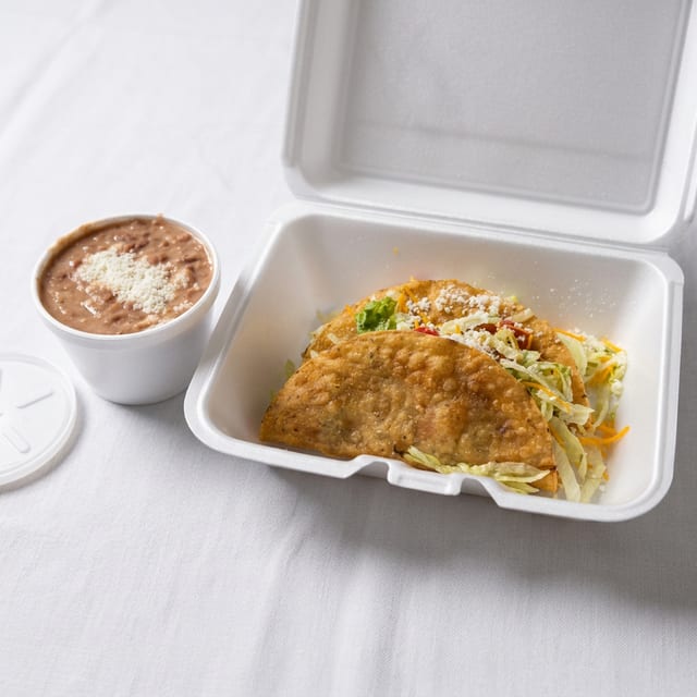 (K) Two fried with Rice and Beans.